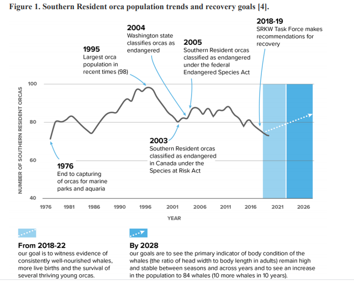 Chart titled Southern Resident ocra population trends and recovery goals from year 1976 to expected projection to year 2028